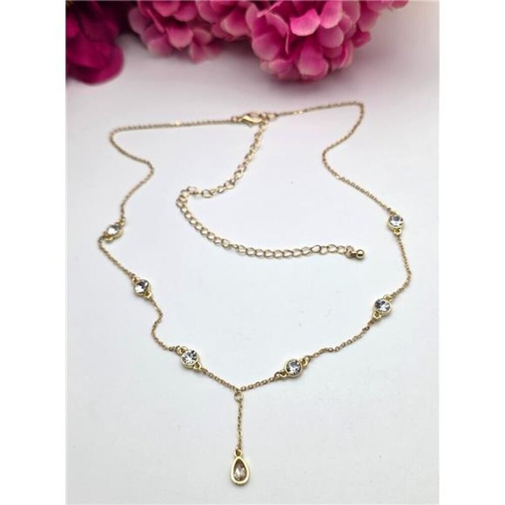 Gold Tone Clear Rhinestone Y Drop Station Necklace 21 In Adj. Minimalist Dainty